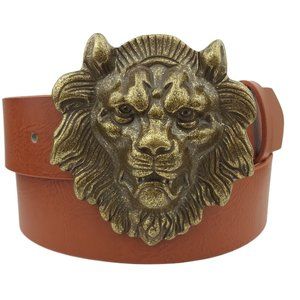 Antique Brass Lion Buckle on a Tan Belt